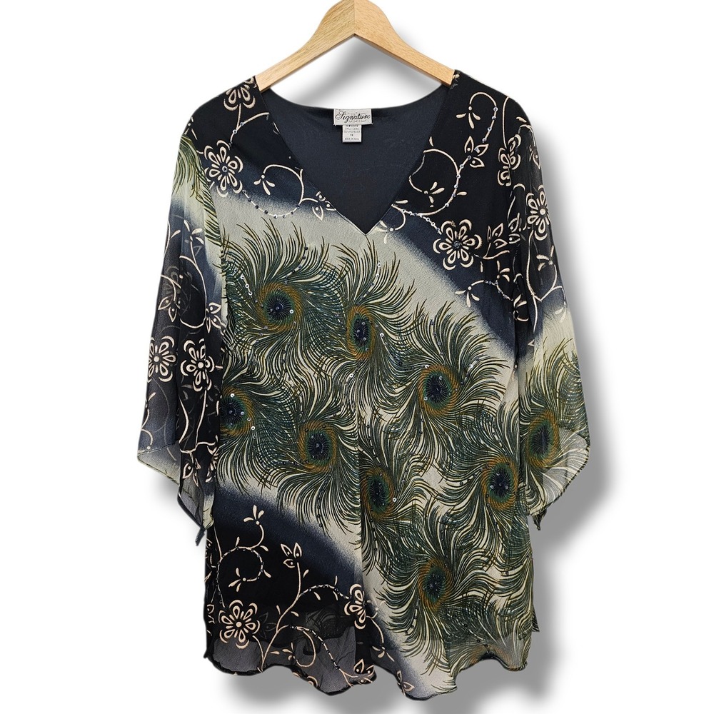 Y2K Signature Kimono Top 1X Peacock Feather Sheer Embellished‎ Forest Fairy Boho